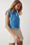 Women's Blue Stylish Buttoned Patterned Crop Tweed Vest WF00068 - 3