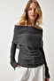 Women's Anthracite Off-the-Shoulder Gather Detailed Blouse US00920 - 3