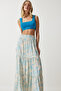 Women's Cream Blue Floral Patterned Flounce Viscose Skirt DD01310
