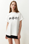 Ekru %100 Pamuk Baskılı Boyfriend Fit Bisiklet Yaka Örme T-Shirt TWOSS20TS0245