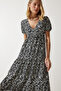 Women's Black and White Wraped Collar Patterned Summer Knitted Dress UB00267 - 4