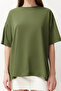 Haki %100 Pamuk Bisiklet Yaka Oversize/Geniş Kalıp Örme T-Shirt TWOSS20TS0134 - 5