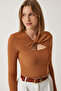 Women's Tan Cut Out Detailed Ribbed Knitted Blouse SF00005
