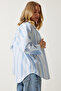 Women's White Blue Striped Cotton Oversize Shirt HK00034 - 5