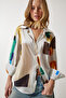 Women's Brown Bone Patterned Satin Surface Shirt RG00019