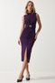 Women's Purple Belted Gathered Knitted Dress DE00031 - 3