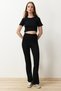 Black Crop Crew Neck Ribbed Stretchy Knitted Blouse and Pants Top and Bottom Set TWOSS21AU0160 - 2