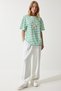 Women's Green White Striped Star Pearl Embroidered Oversize Knitted T-Shirt PB00023 - 5