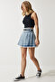 Women's Light Blue Belted Pleated Mini Denim Skirt KQ00002 - 2