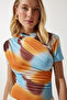 Women's Orange Patterned Gathered Sandy Blouse FF00165 - 4