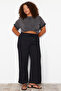 Black Lace-Up Waist Woven Plus Size Pants Tbbss24Ar00029