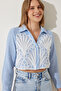 Women's Blue Ecru Scalloped Linen Crop Shirt TP00042 - 3