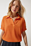 Women's Orange Polo Neck Knitted Crinkle Blouse DD01299