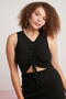 Gloria Women's Ribbed Look Drape Detailed V-Neck Zero Sleeve Black Plus Size Body