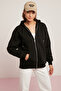 Oynx Women's Fleece Soft Hooded Zippered Oversize Black Sweatshirt - 2