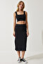 Women's Black Strappy Crop Pencil Skirt Knitted Set OW00041 - 3
