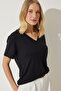 Women's Black V-Neck Basic Viscose Knitted T-Shirt EN00613