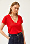 Women's Red Deep V-Neck Modal Button T-Shirt TSH-19000773 - 5
