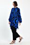 Women's Black Blue Patterned Placket Collar Tunic Trousers 2-Piece Set - 4