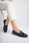 Genuine Leather Print 2 Navy Blue Women's Leather Ballerinas Pcc-F04 - 3