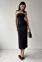 Atlas Fabric Thin Strap 115 Cm Midi Size Slit Pencil Cut Baby Black Strapless Dress 160 - 3