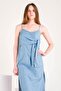 Women's Blue Front Tie Detailed Side Slit Denim Dress - 4