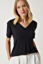 Women's Black V-Neck Basic Viscose Knitted T-Shirt EN00613 - 2