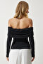 Women's Black Gathered Open Shoulder Sandy Knitted Blouse ZH00033 - 6