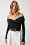 Women's Black Gathered Open Shoulder Sandy Knitted Blouse ZH00033 - 3