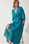 Women's Blue Green Deep V-Neck Summer Long Viscose Dress CI00081 - 2