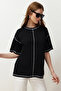 Siyah %100 Pamuk Karkoya Dikiş Detaylı Oversize/Geniş Kesim Örme T-Shirt TWOSS24TS00184 - 7