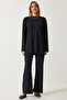 Women's Black Corded Knitted Blouse Trousers Set KH00088 - 2