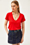 Women's Red Deep V-Neck Modal Button T-Shirt TSH-19000773 - 4