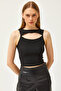 Women's Black Robe Low-cut Thin Corded Crop Ottoman Blouse BLZ-19002595 - 2