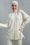 Flexible Knitwear Fabric Stand Collar Long Sleeve Top and Slit Leg Bottom Ecru Hijab Bottom-Top Set 1070 - 6