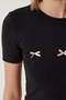 Women's Black Bow Detailed Crop T-Shirt MC00279 - 4