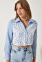 Women's Blue Ecru Scalloped Linen Crop Shirt TP00042 - 4