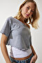 Women's Gray Melange Boat Neck Basic Crop Knitted T-Shirt OW00028 - 5