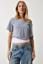 Women's Gray Melange Boat Neck Basic Crop Knitted T-Shirt OW00028