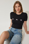 Women's Black Bow Detailed Crop T-Shirt MC00279