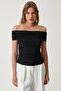 Women's Black Gathered Open Shoulder Sandy Blouse TO00132 - 3