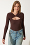 Women's Brown Cut Out Detailed Corded Knitted Blouse SF00005 - 3