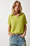 Women's Olive Green Polo Neck Knitted Crinkle Blouse DD01299 - 3