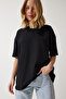 Women's Black Crew Neck Basic Oversize Knitted T-Shirt BF00091