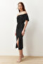 Black Polka Dot Polka Dot Carmen Collar Gathered Ribbed Flexible TWOSS24EL00583