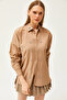 Women's Taupe Collar and Front Embellished Oval Woven Shirt GML-19001149 - 2
