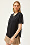 Women's Black V-Neck Bottom Oval Modal Button T-Shirt TSH-19000804 - 4