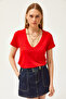 Women's Red Deep V-Neck Modal Button T-Shirt TSH-19000773 - 3