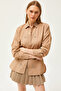 Women's Taupe Collar and Front Embellished Oval Woven Shirt GML-19001149