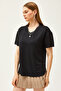 Women's Black V-Neck Bottom Oval Modal Button T-Shirt TSH-19000804 - 3